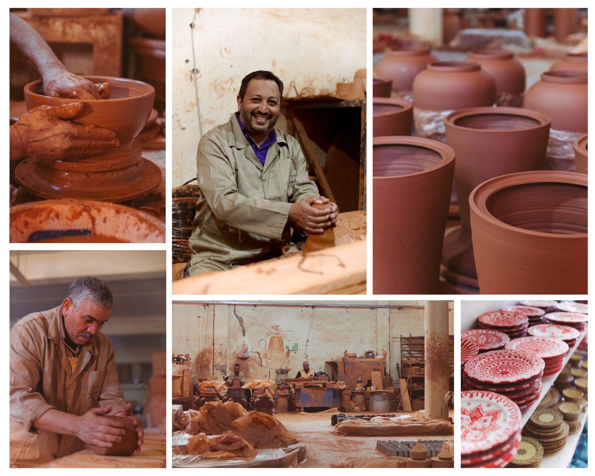 a collage of pottery pictures showing clay being moulded at poterie serghini