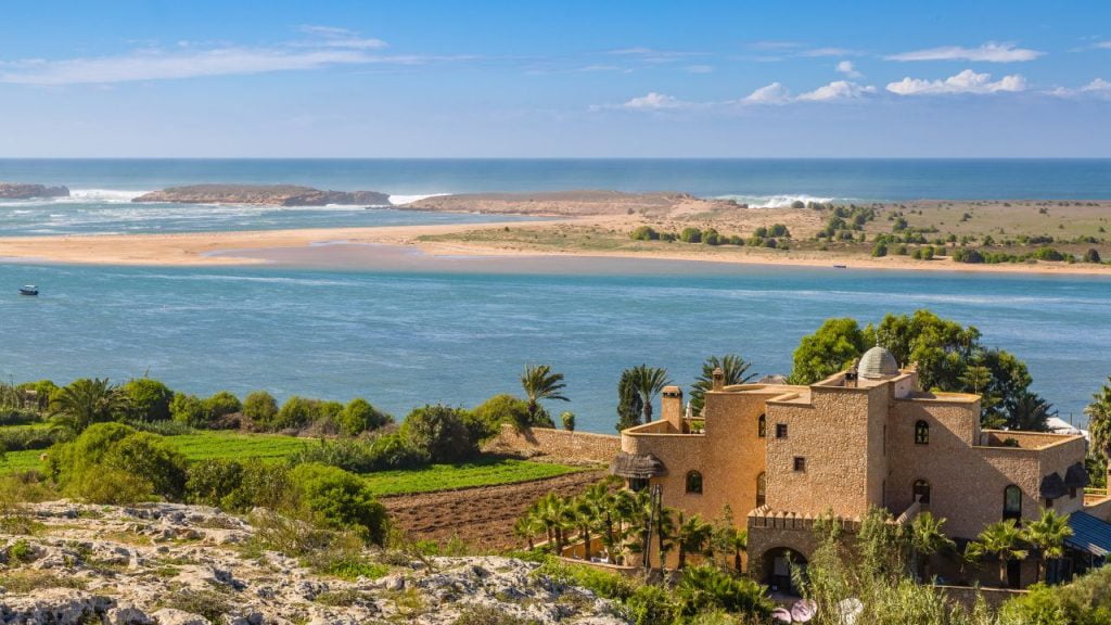oulidia lagoons and atlantic coast, with mosque and sand dunes