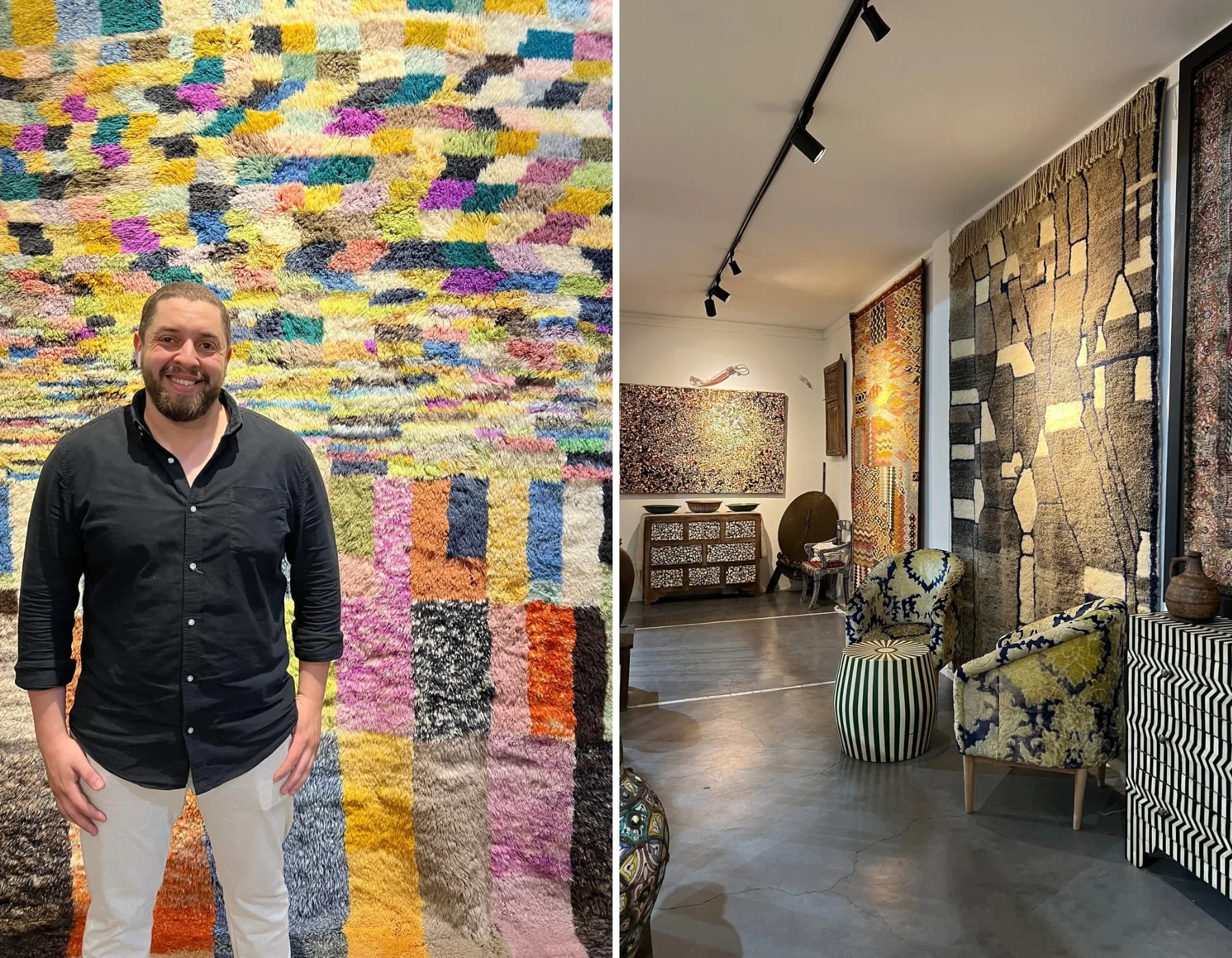 Man standing in front of colourful Moroccan rug