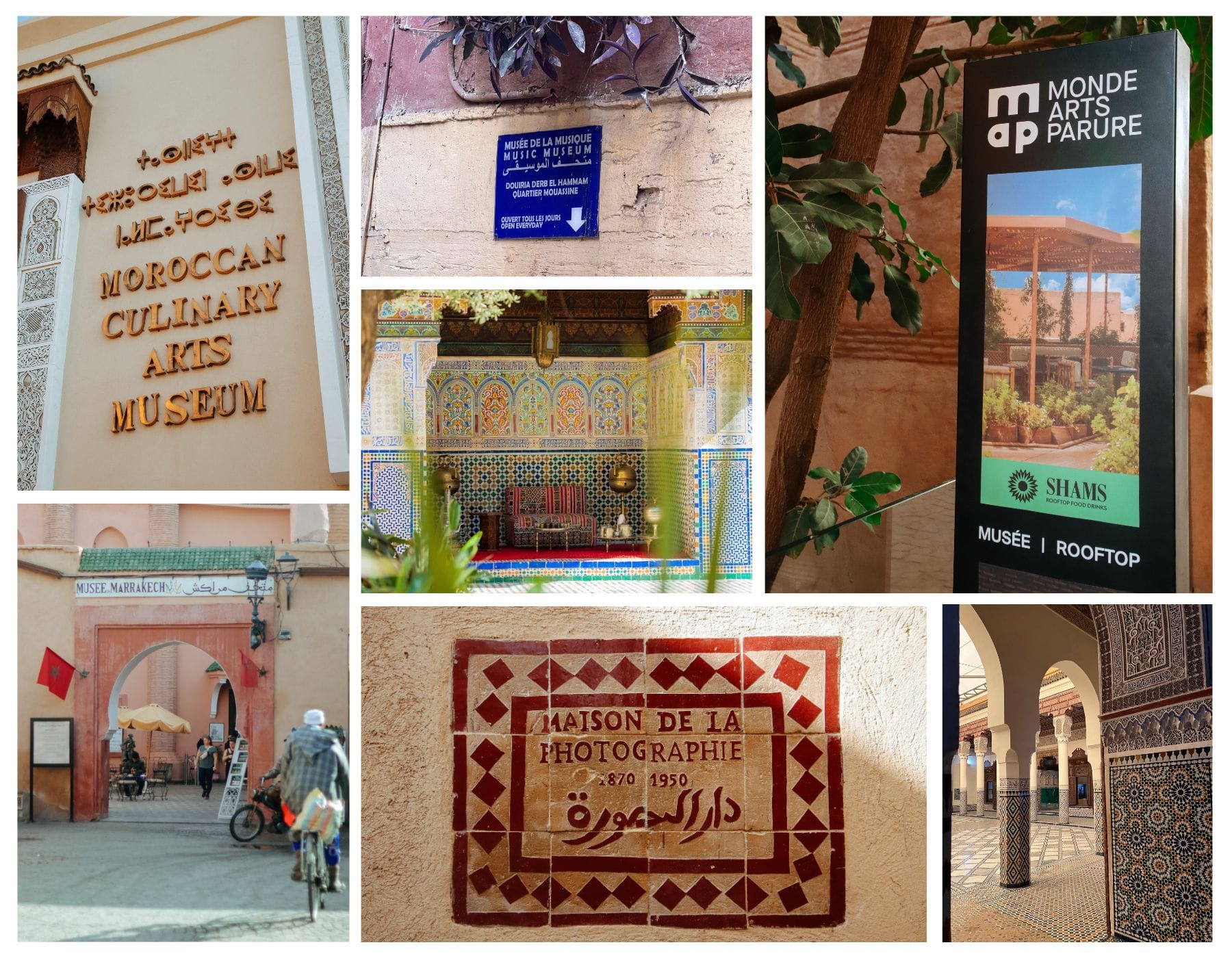 pictures of the signs of the different museums in marrakech