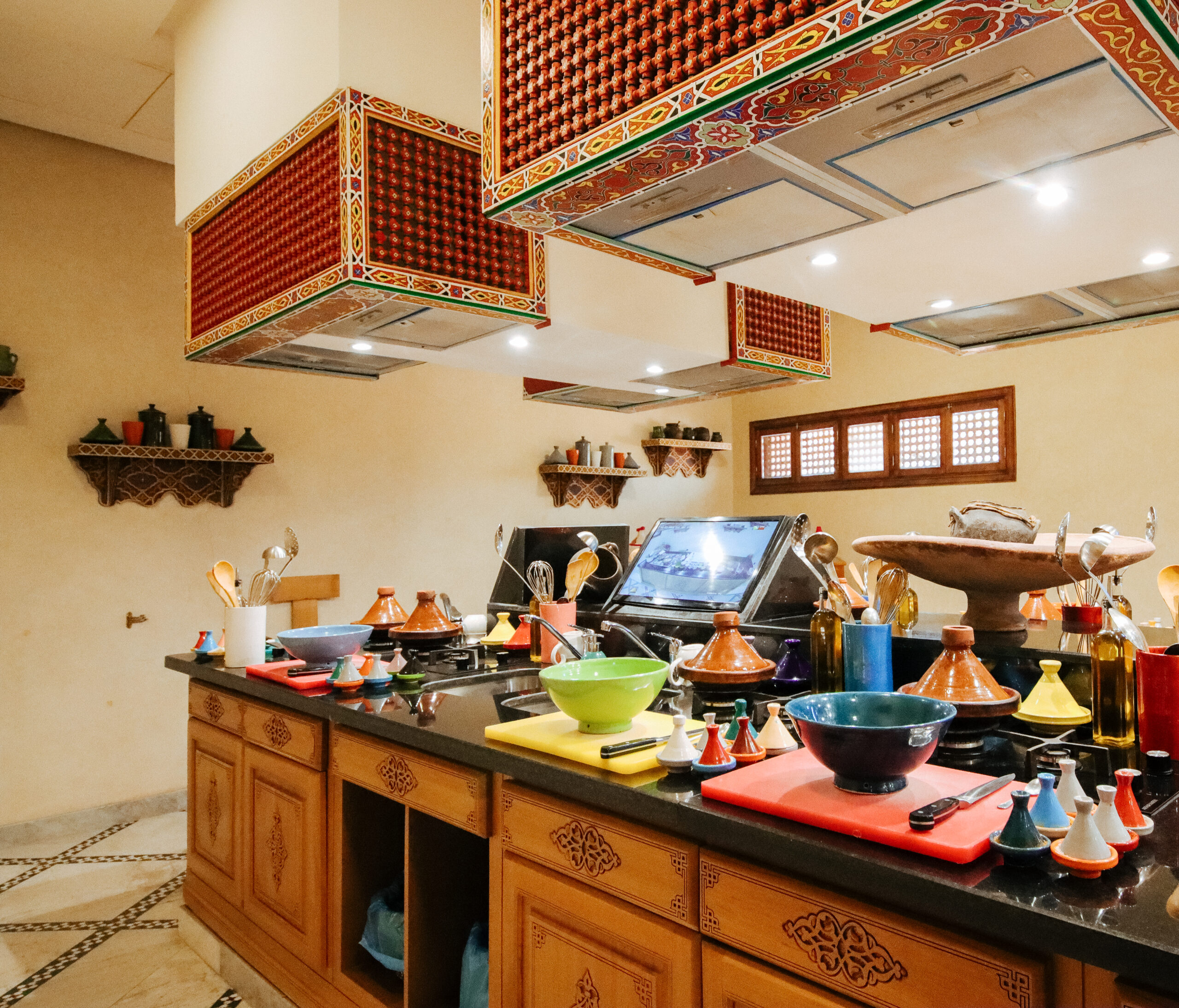 cooking workstations set up to learn moroccan cuisine