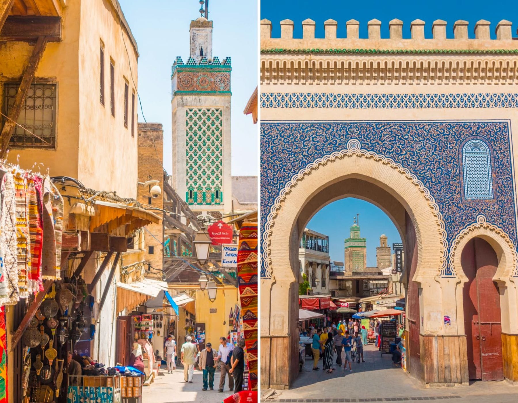 Fez medina with mosque in background and tiled zelige gateway